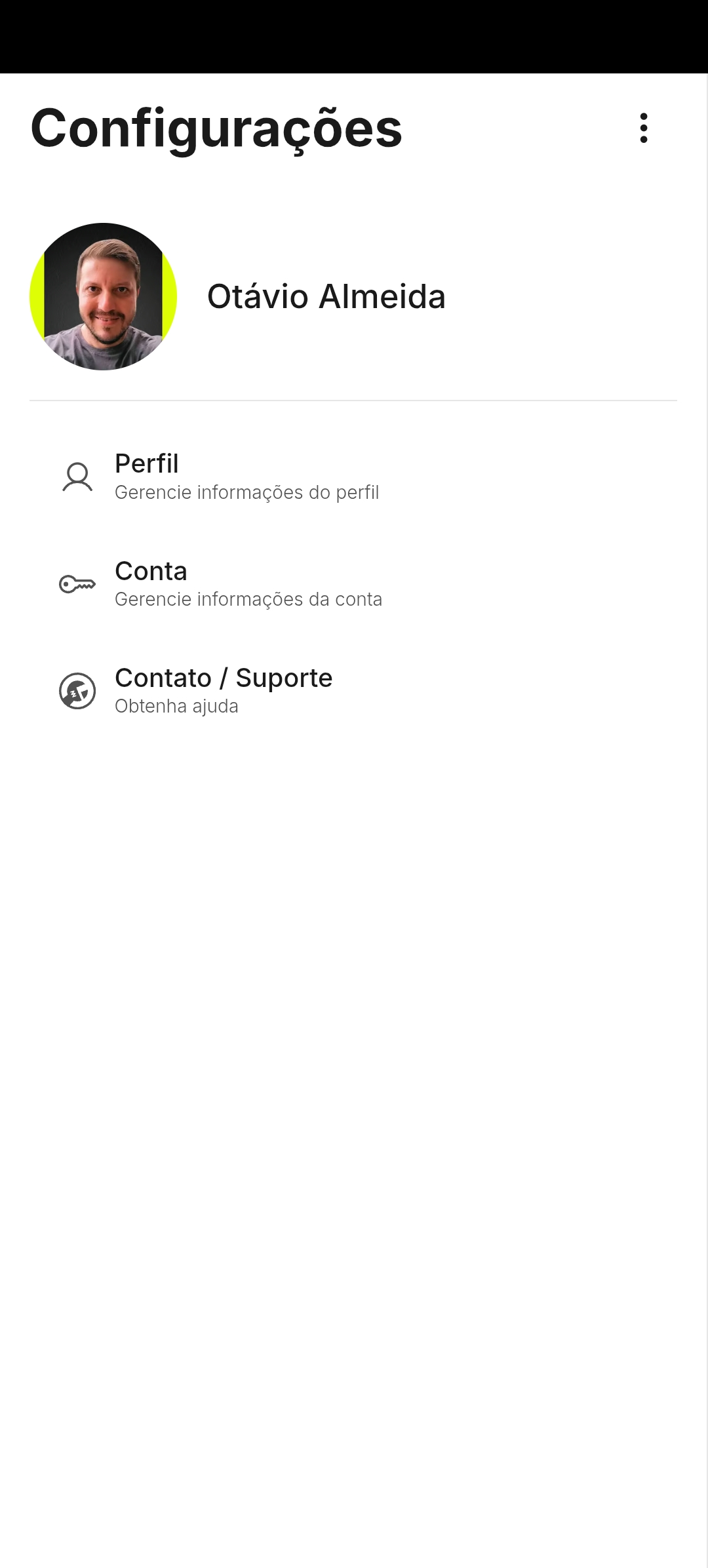 Configurações do perfil no Talk Big