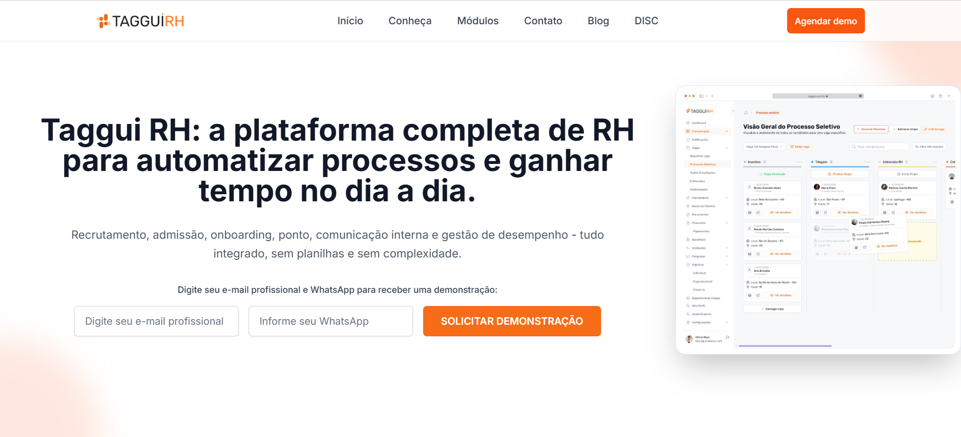 Painel da plataforma Taggui RH