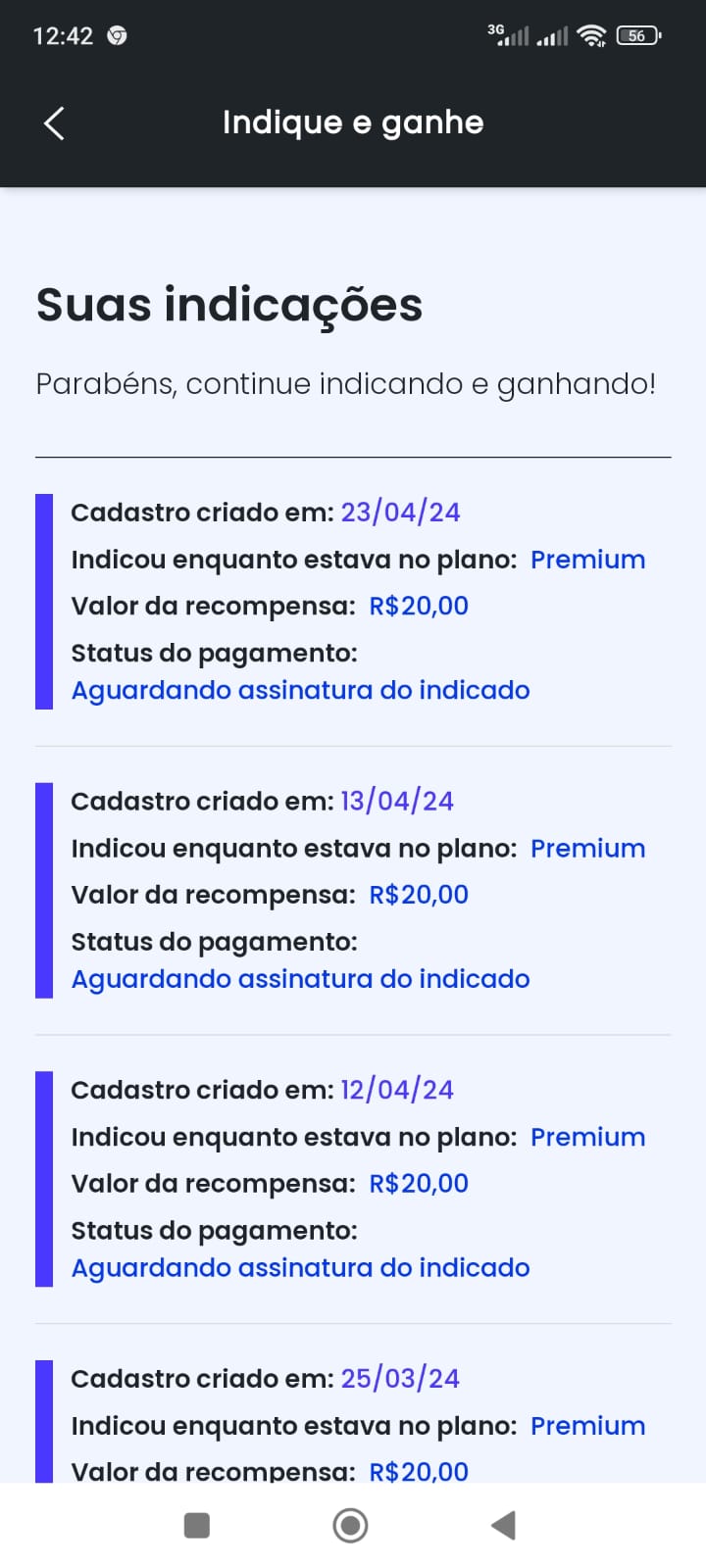 Histórico de indicações