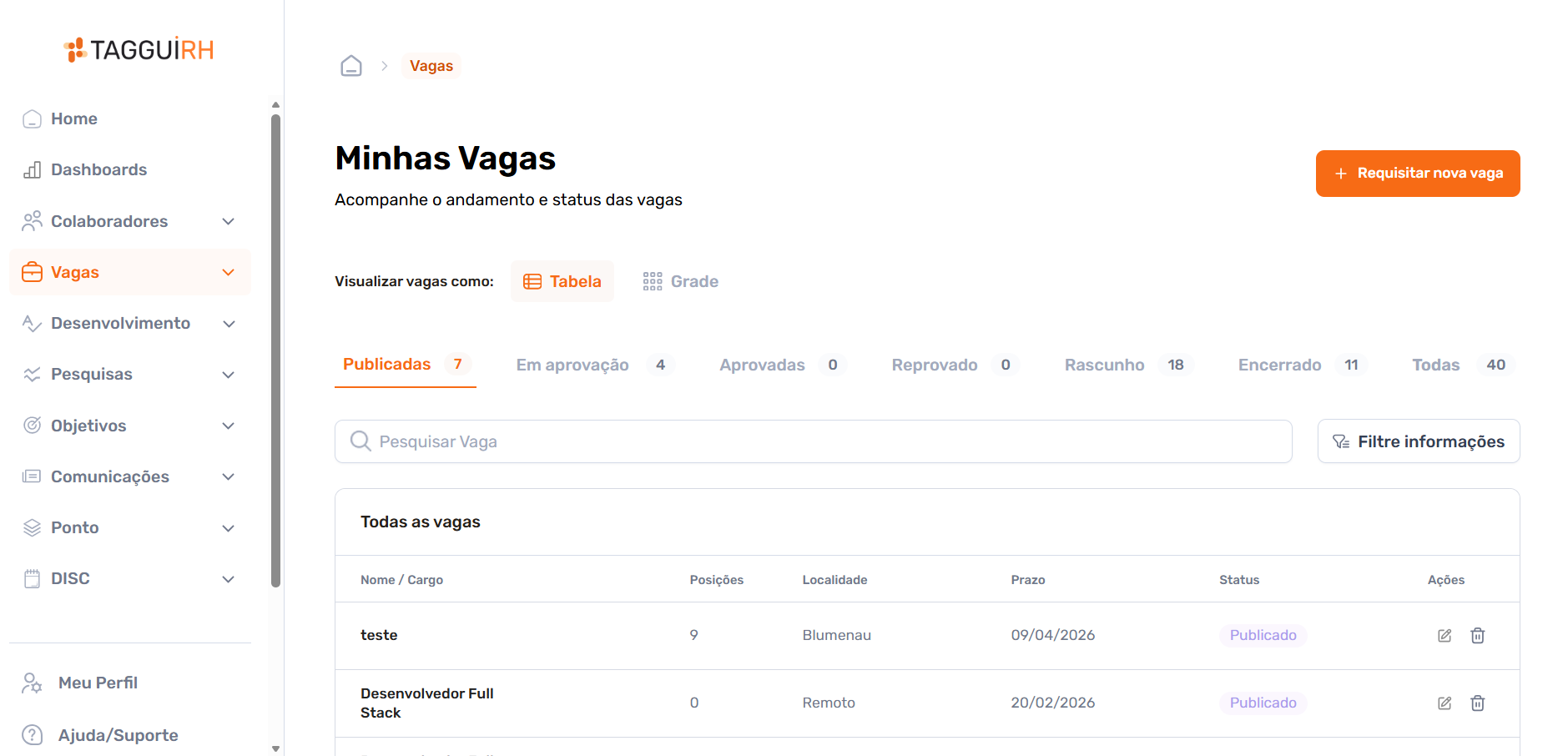 Gestão de vagas da Taggui RH
